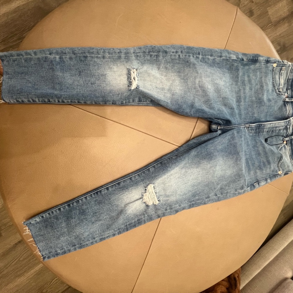 Express Blue Skinny Jeans with Distressed Detailing high rise